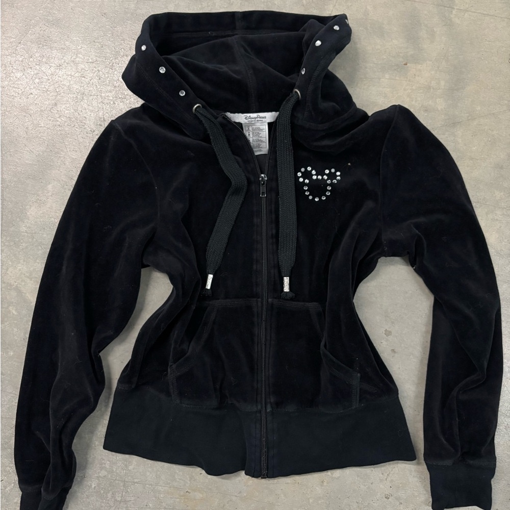 Disney Mickey Mouse Black Velour Hoodie with Rhinestone Heart